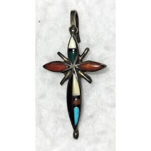 Small Sterling Silver 925 Signed Initials Zuni Cross Pendant Small Hook Bail